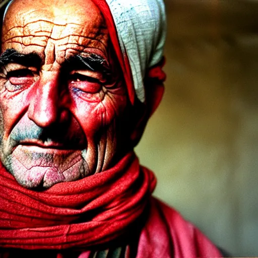 Image similar to portrait of president lyndon b johnson as afghan man, green eyes and red scarf looking intently, photograph by steve mccurry