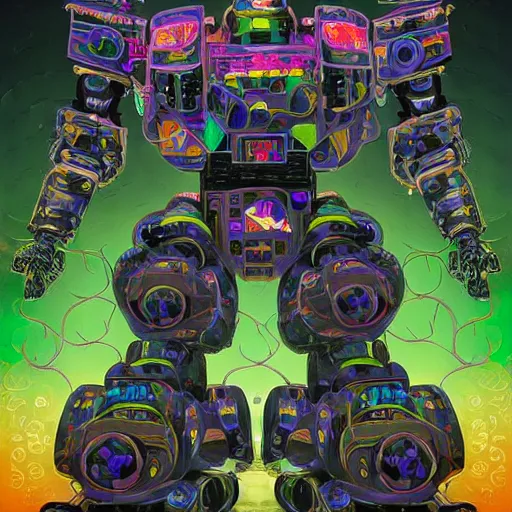 Image similar to colourful vfx art - portrait of army mecha robot wrapped in flowers & vines, art by utagawa kunisada, volumetric light, ray tracing, sharp, detailed, digital painting, illustration, highly detailed, intricate detail, unreal engine, octane render, pinterest, behance, art station,