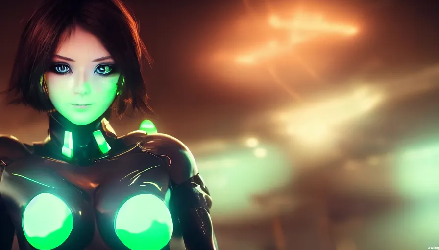 Image similar to render beautiful 3 d anime woman with short brown hair, heterochromia, blue eye and green eye, sci fi glowing bodysuit with mechanical boots, heavy makeup, short smile, cinematic lightning, highly detailed, trending on artstation, unreal engine 4 k, cinematic wallpaper