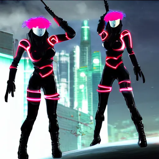 Prompt: Cyberpunk female Caucasian assassin, Red flowing hair, black visor obscuring eyes and nose, black lipstick, shiny white spandex suit, long black boots, fingerless gloves, shoulder mounted turret, white jetpack with neon red accents, wielding 2 glowing red swords, freefalling through the night sky past large navy blue clouds, high quality, unreal engine 5 render, high quality render, octane render, photo realistic, ultra detail, cinematic lighting, realistic