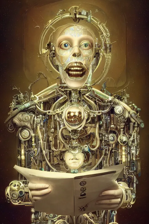 Image similar to a beautiful intricate fine art portrait photo of a happy mechanical futuristic cybernetic humanoid reading a letter of good news, by tom bagshaw and anna dittman, eyes light up, perfection!, studio lighting, golden ratio composition, 3 5 mm lens, bionic robot overgrown with flowers, cybernetic scifi, deep depth of field, artstation, 8 k