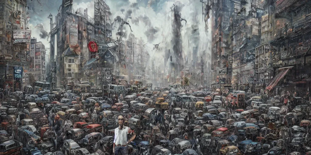 Prompt: a fine detailed painting of a psycho man in the city of pollution with lot of people, ultrarealistic filmic, 16K 3D, cry engine, cosmic distopic art