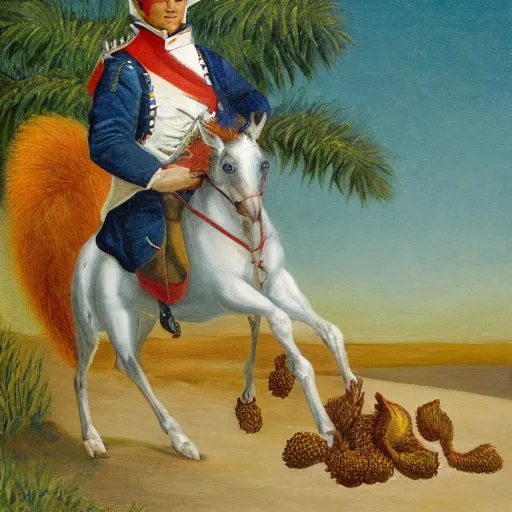 Image similar to napoleon riding a squirrel on the beach with crepe myrtles in the background, oil painting