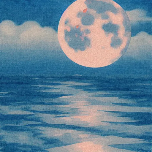 Prompt: Burning Azure Moon over silk ocean, manga style