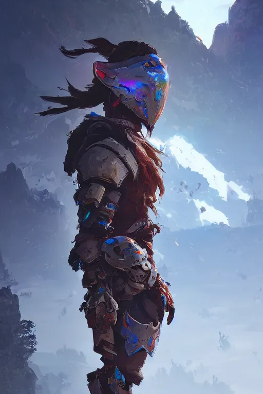 Image similar to combination suit armor aloy horizon forbidden west horizon zero dawn radiating a glowing aura global illumination ray tracing hdr fanart arstation by ian pesty and alena aenami artworks in 4 k tribal robot ninja mask helmet backpack