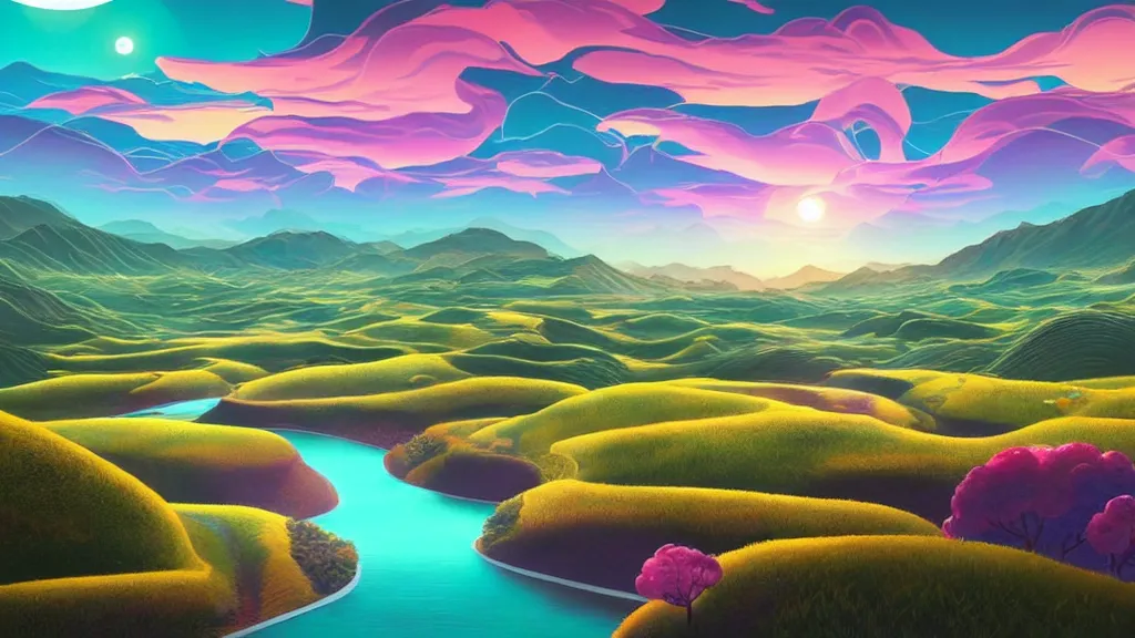 Image similar to digital painting of a lush sinuous river valley by. river. sunset. no mans sky. chiho aoshima. digital render. detailed. beautiful landscape.