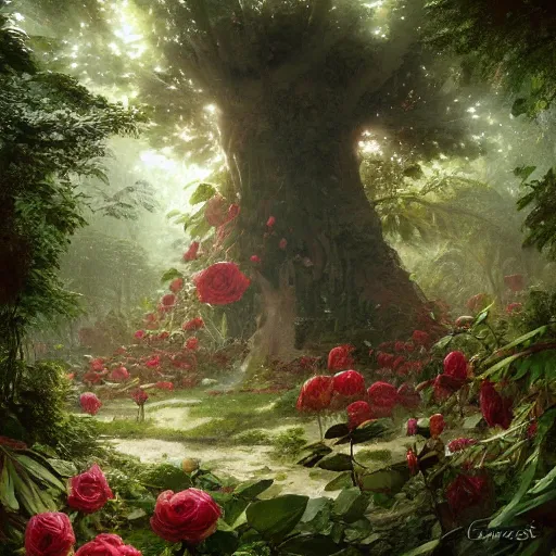 Prompt: inside the jungle of giant tree - sized roses by greg rutkowski