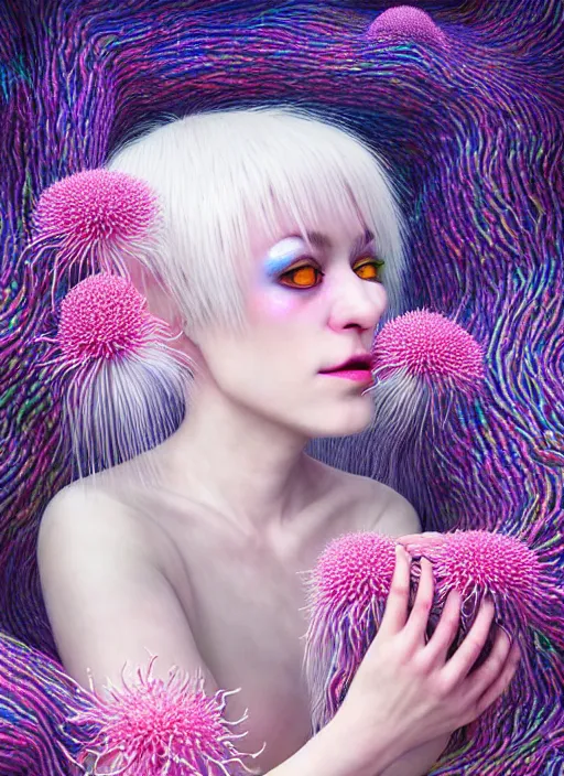 Image similar to hyper detailed 3d render like a Oil painting - kawaii portrait Aurora (white haired Singer Weasle) seen Eating of the Strangling network of yellowcake aerochrome and milky Fruit and Her delicate Hands hold of gossamer polyp blossoms bring iridescent fungal flowers whose spores black the foolish stars by Jacek Yerka, Mariusz Lewandowski, Houdini algorithmic generative render, Abstract brush strokes, Masterpiece, Edward Hopper and James Gilleard, Zdzislaw Beksinski, Mark Ryden, Wolfgang Lettl, hints of Yayoi Kasuma, octane render, 8k