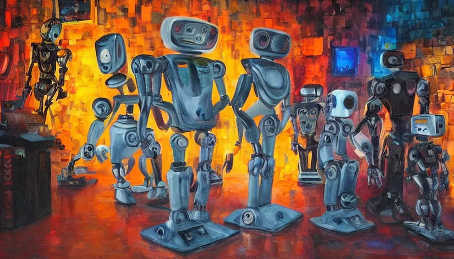 Prompt: robots! in a decrepit art gallery, painting on canvases, dramatic lighting