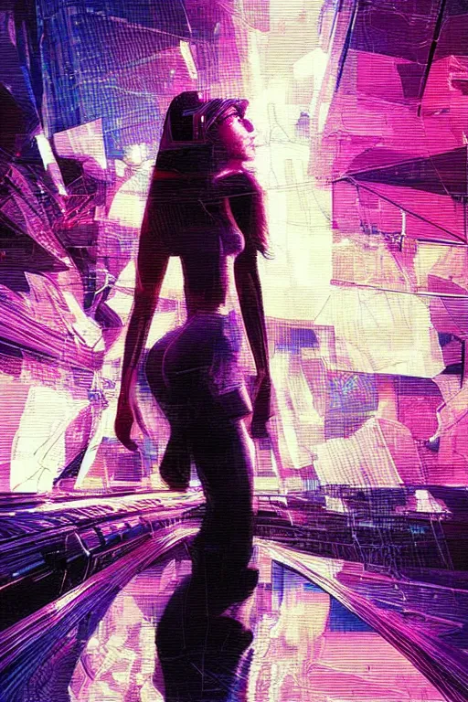 Image similar to fisheye portrait, digital painting, an beautiful, crazy hacker girl, lost in broken code, synthwave, glitch!!, fractured reality, refraction, realistic, hyperdetailed, night rain, wet, concept art, art by syd mead, cubism