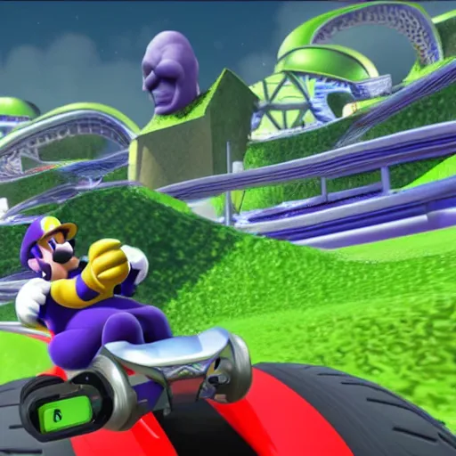 Image similar to Thanos in Mario Kart game, screenshot, realistic,