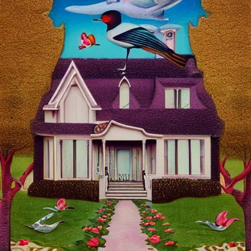 Image similar to anamorphic birds walking past a house, lowbrow surrealistic, in the style of Mark Ryden,