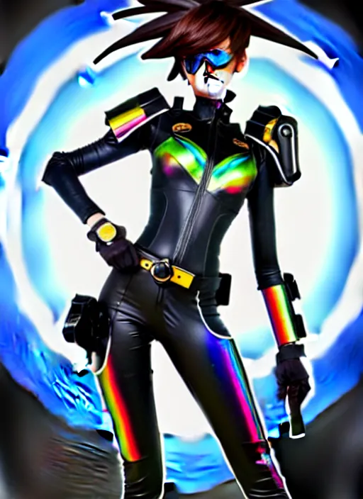 Image similar to full body digital artwork of tracer overwatch, wearing black iridescent rainbow latex, 4 k, expressive happy smug expression, makeup, in style of mark arian, wearing detailed black leather collar, wearing sleek armor, black leather harness, expressive detailed face and eyes,