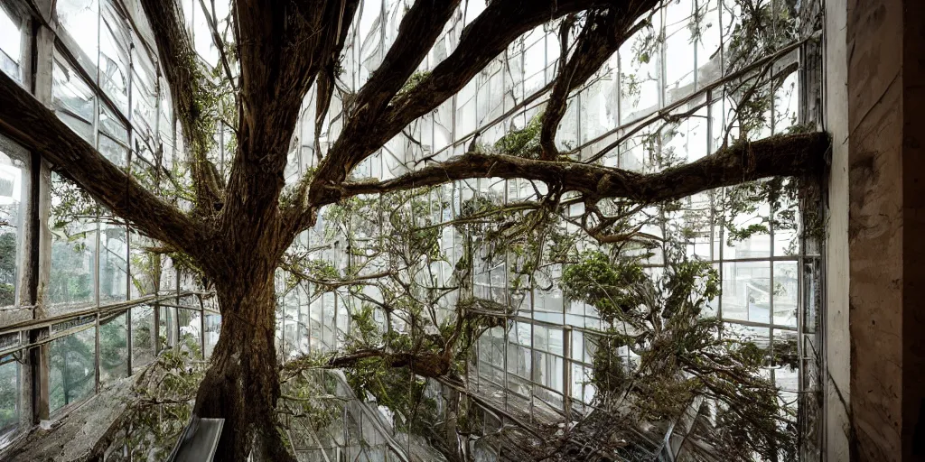 Prompt: massive tree growing inside an abandoned building interior, glass windows, multiple floors, cinematic, photorealistic, 15 mm lens,
