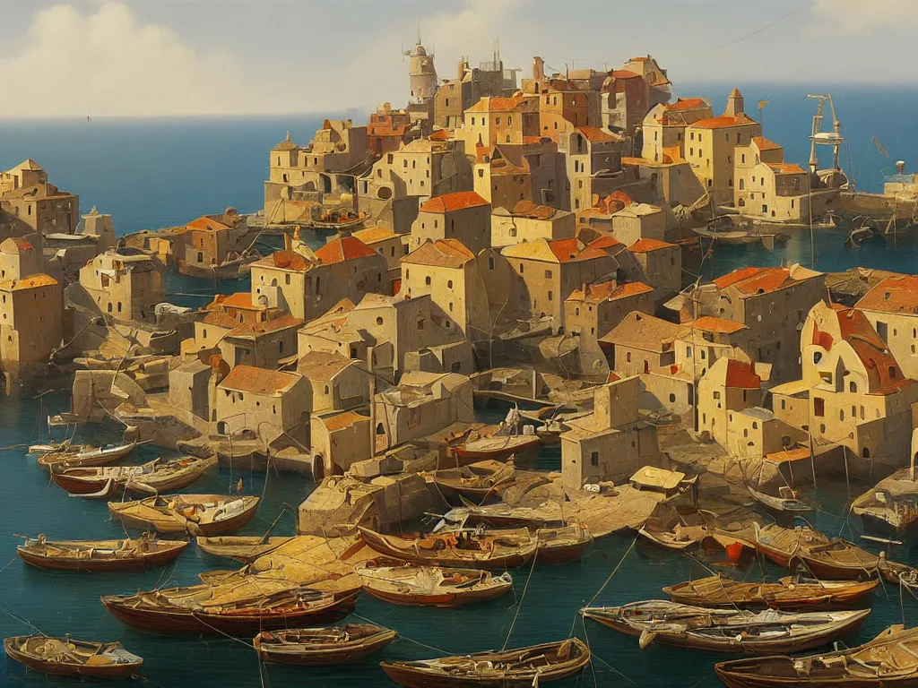 Image similar to A detailed, precise oil painting of a beautiful Mediterranean fishing village by Michiel Schrijver, surreal