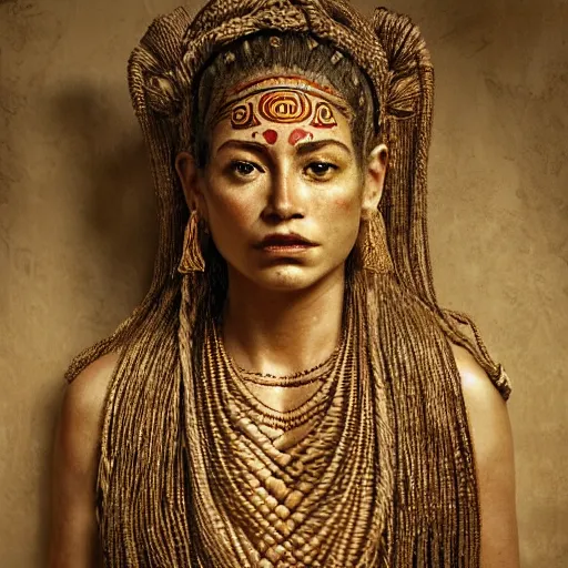 Image similar to A perfect Mayan female goddess stands for a waist up portrait with her body sightly wrapped in thin gold wire creatively arranged so as to look like Mayan Hieroglyphic tattoos, in an abandoned barn, hyper photo realistic 8K HD HDRI, photo by Annie Leibovitz.