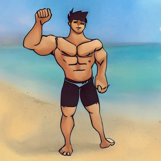 Prompt: bara character at beach, drawn by sakimichan