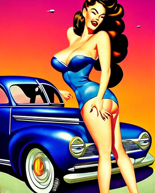 Image similar to beautiful retro space megan fox varga girl posing on a car in diesel punk city, windblown dark hair, retro pinup model, seductive, 1 9 4 0, hyper detailed, digital art, smooth, sharp focus, alberto vargas,