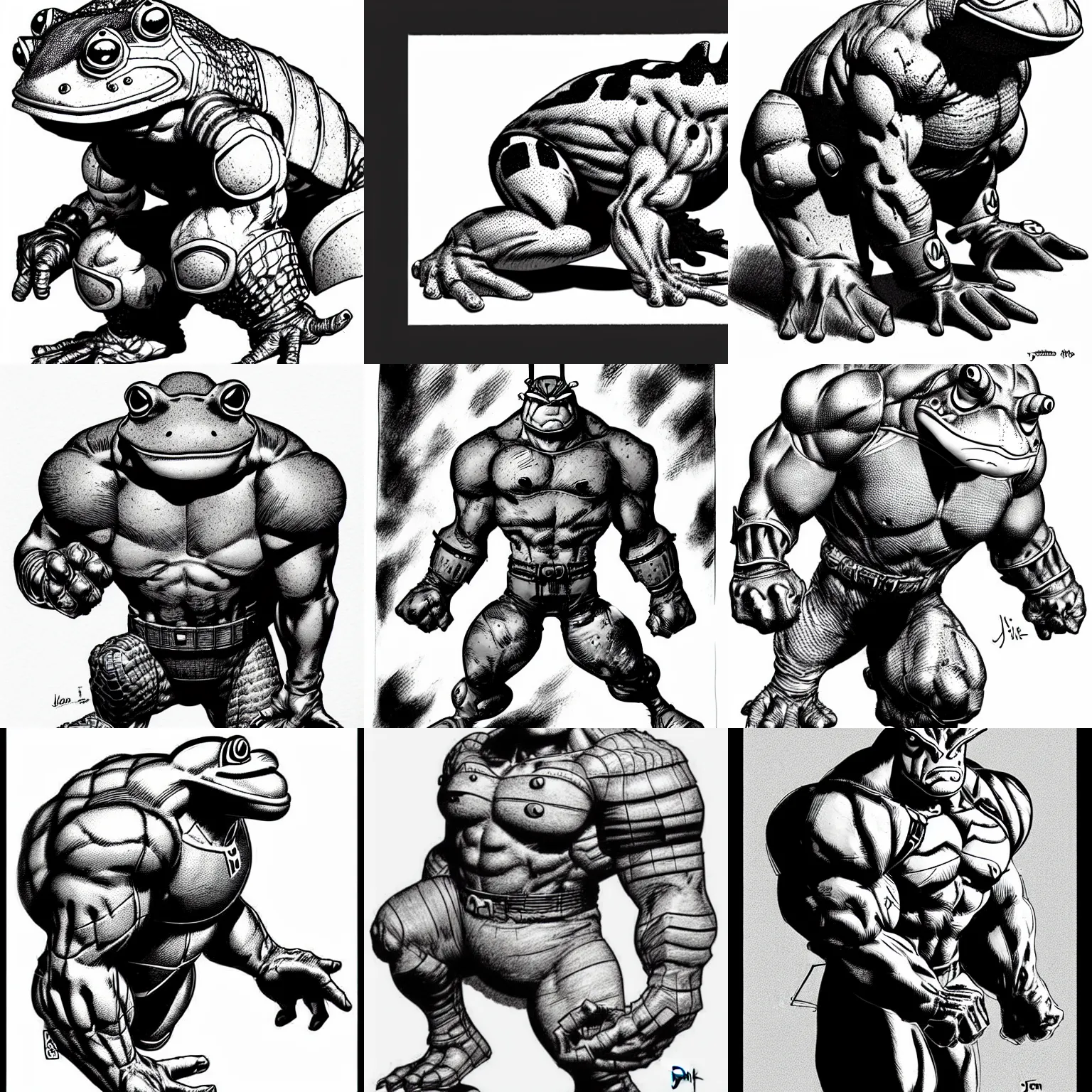 Image similar to toad animal!!! jim lee!!! sideview full shot!! flat grayscale ink sketch by jim lee close up in the style of jim lee, ( attention pose ) cyborg! rugged knight hulk toad animal superhero by jim lee