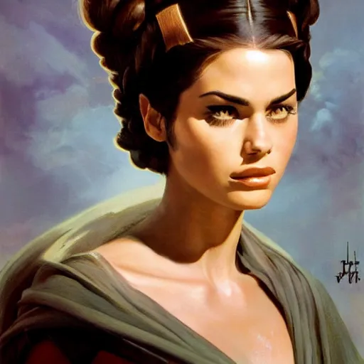 Image similar to ultra realistic portrait painting of rosalia as padme from star wars, art by frank frazetta, 4 k, ultra realistic, highly detailed, epic lighting.