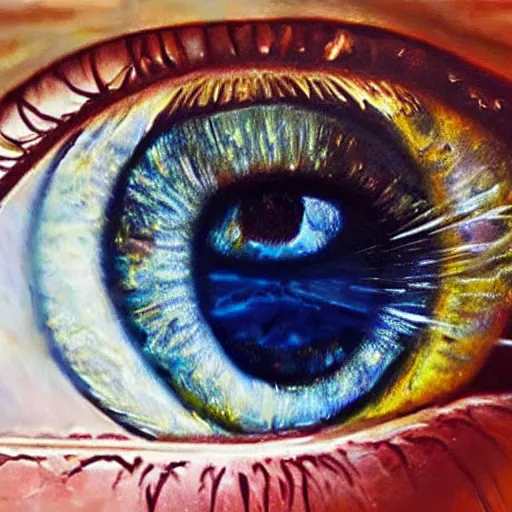 Image similar to a highly detailed photorealistic painting of a human eye reflecting outer space