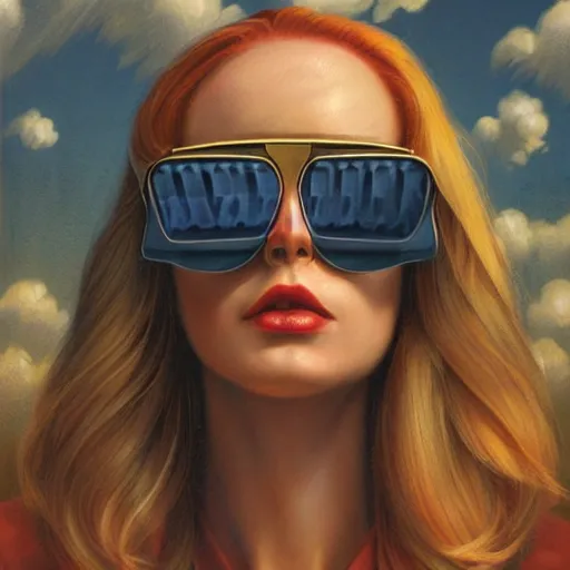 Prompt: detailed face of a woman, clockwork, moment, tectonic sky, skydome, bullet train, turbines, utopian, tech noir, wet reflections, prism, atmospheric, ambient, pj crook, syd mead, livia prima, artgerm, greg rutkowski, nick alm, casey baugh, long blonde hair, gold tinted sunglasses, red weave hat, windswept