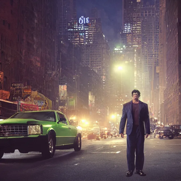 Image similar to a color photo portrait of the incredible hulk looking angry in new york city by gregory crewdson dramatic lighting.