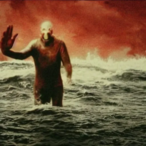 Image similar to the anti - christ rising from a red ocean. photograph from a horror movie.