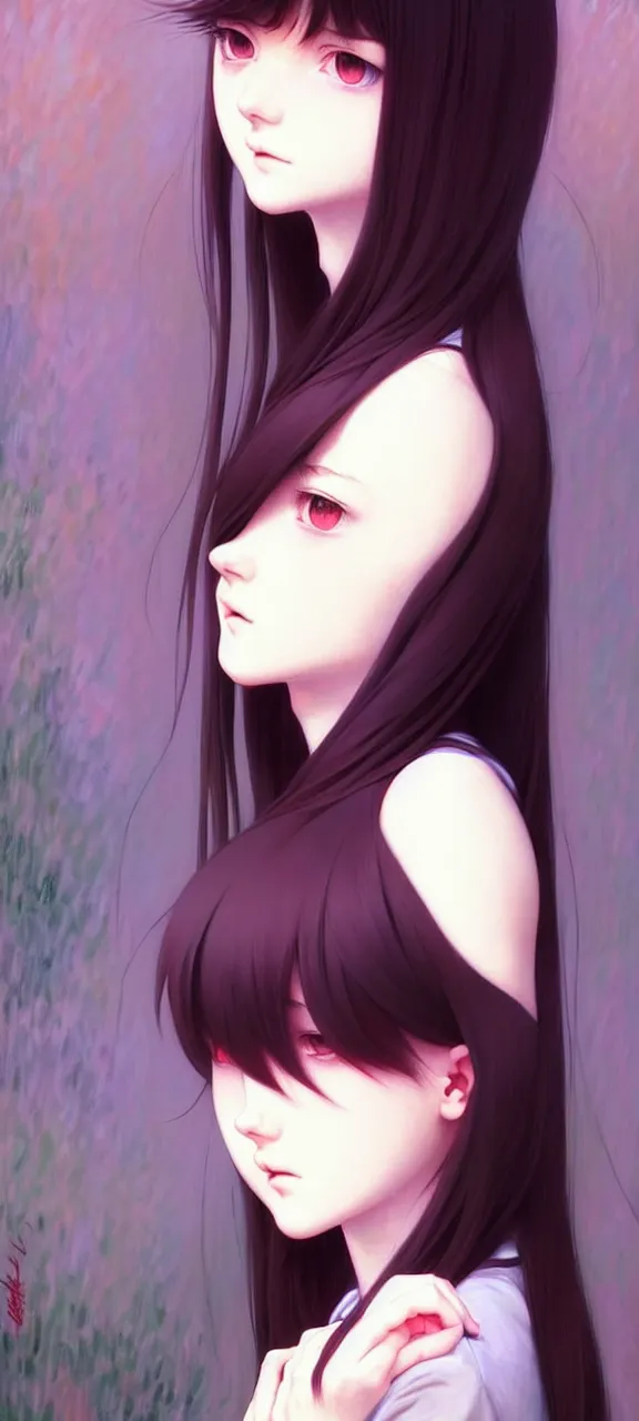 Image similar to a beautiful youth teenage depressed ocd psychotic popular girl in school struggling with morbid thoughts realized, angry eyes, soft skin, magnificent art by ilya kuvshinov, claude monet, range murata, artgerm, norman rockwell, highly detailed intricately sharp focus, bedroom eyes trending on pinterest, tiktok 4 k uhd image