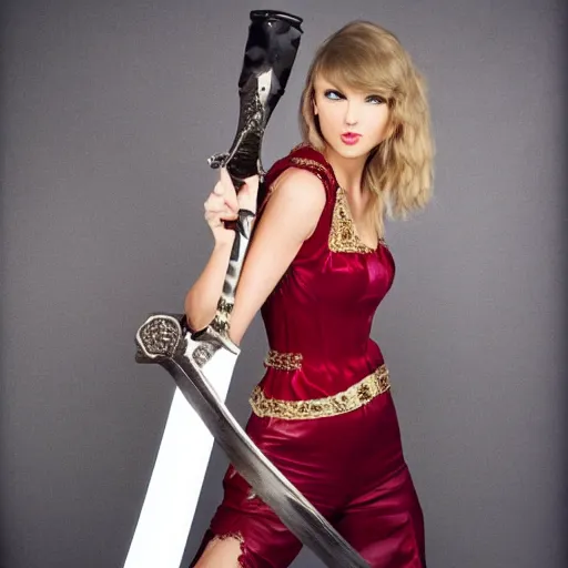 Image similar to taylor swift posing holding a giant sword, high quality studio photograph