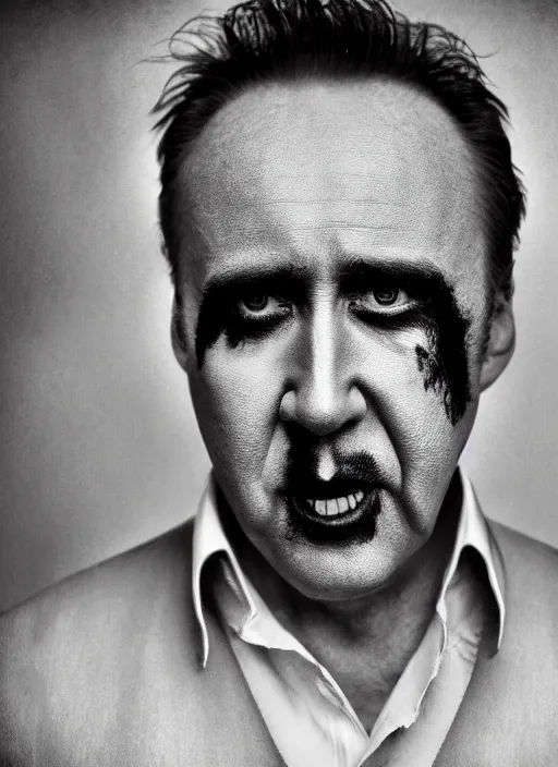 Prompt: photo of a 40-year-old Nicolas Cage (2021) as the Joker by Lee Jeffries, smiling, detailed, award winning, Sony a7R