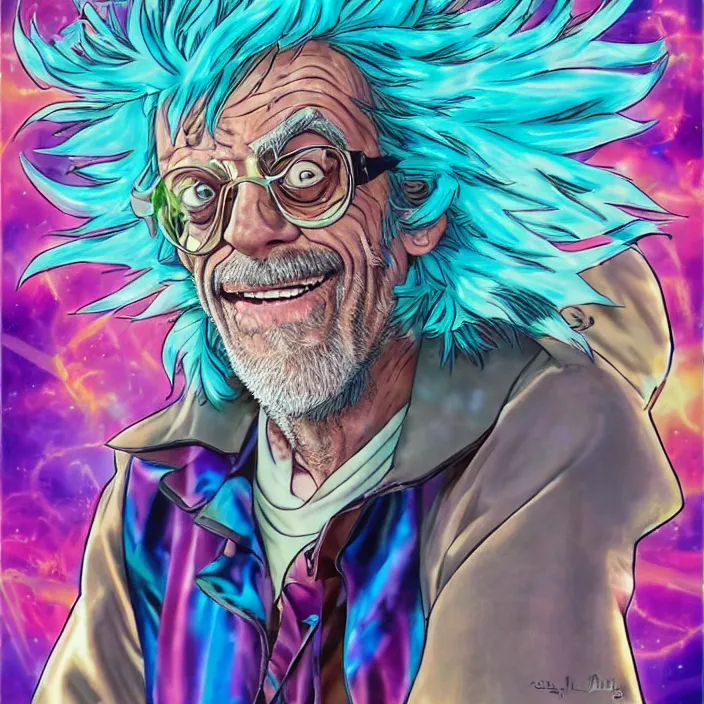 Image similar to Christopher Lloyd as Rick Sanchez by Noriyoshi Ohrai and Lisa Frank