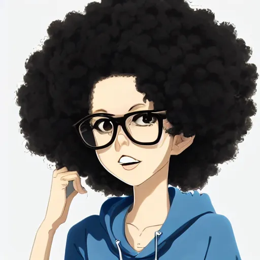 Prompt: a very beautiful girl with dark complexion, long, curly, afro hair, stylistic oval black eyes, half - frame square glasses, grey hoodie opened, white t - shirt, white gloves, denim jeans, character art, cute, digital art, cartoon network, cel shaded, character art, tezuka, osamu