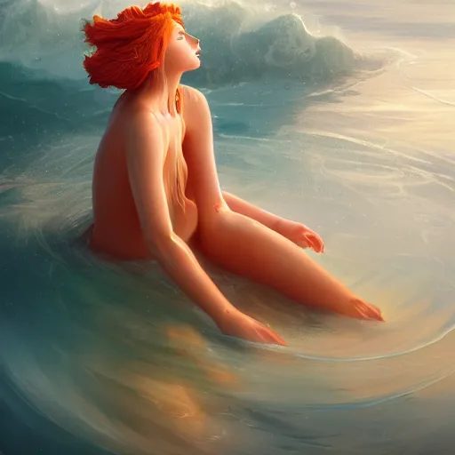 Prompt: breathtakingly detailed concept art painting portrait of goddess sinking into the sea, carrot colored hair, orthodox saint, full body, gorgeous background, created by hsiao - ron cheng, very moody lighting, 8 k