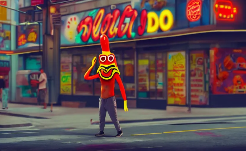 Image similar to hot dog man dancing on a street corner, cyberpunk, detailed, 4 k