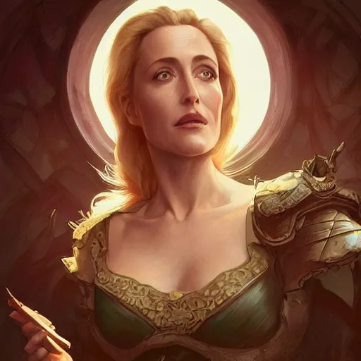 Image similar to gillian anderson, d & d, fantasy, intricate, elegant, highly detailed, digital painting, artstation, concept art, matte, sharp focus, illustration, hearthstone, art by artgerm and greg rutkowski and alphonse mucha