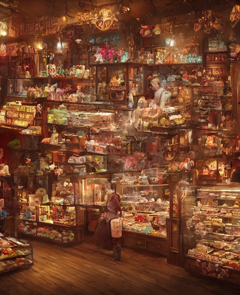 Image similar to Inside an old fashioned sweet shop, fantasy vendor interior, wide angle, cinematic shot, highly detailed, cinematic lighting , photorealistic, trending on cgsociety and unreal engine