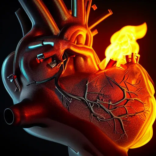 Image similar to dark art rendering of an anatomical heart with a flame inside, closeup, detailed, realistic, cinematic lighting, unreal engine, cgsociety, detailed, by HR Geiger