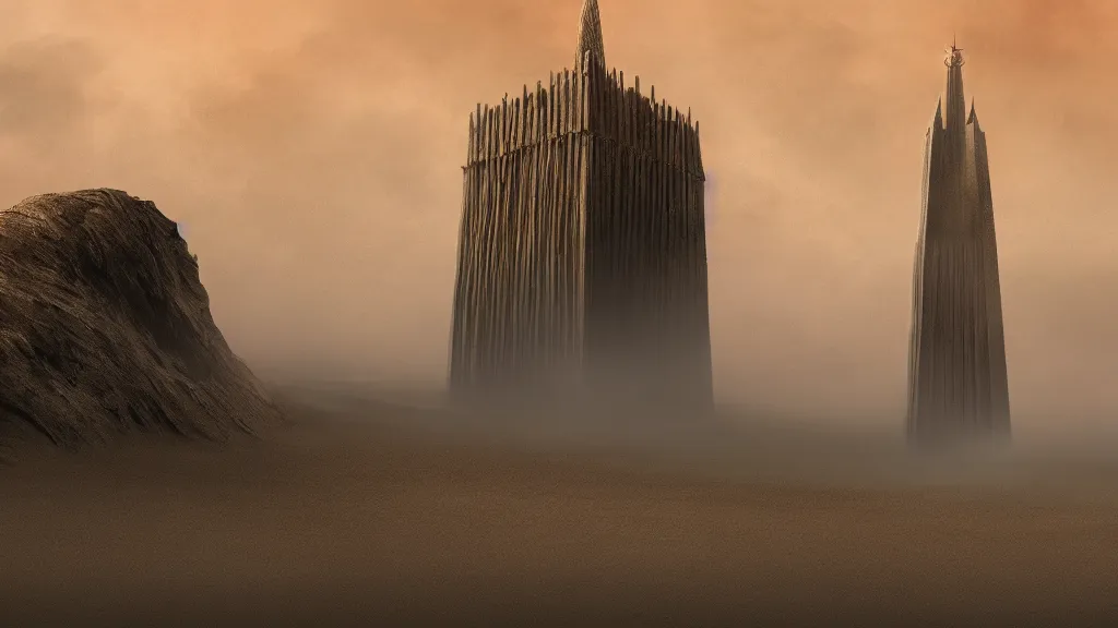 Image similar to patrick j. jones. rutkowski. the last tower. sand. lonely. imposing. 3 8 4 0 x 2 1 6 0