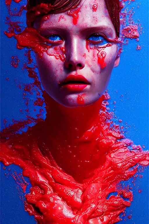Prompt: 3 d, close - up, boiling liquid gold and red water, frown fashion model, vogue style, poster art, high detail, intricate oil painting, multiple exposure, deep blue mood, hyperrealism, 3 d, by tooth wu and wlop and beeple and greg rutkowski