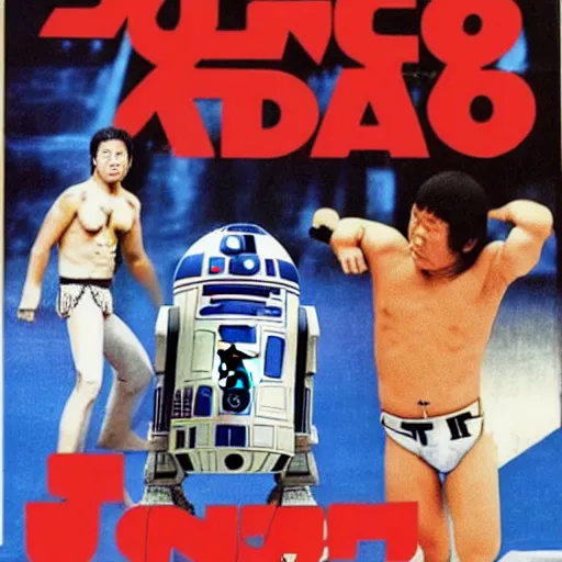 Prompt: poster for antonio inoki vs. r 2 d 2, japan, 1 9 7 0, detailed