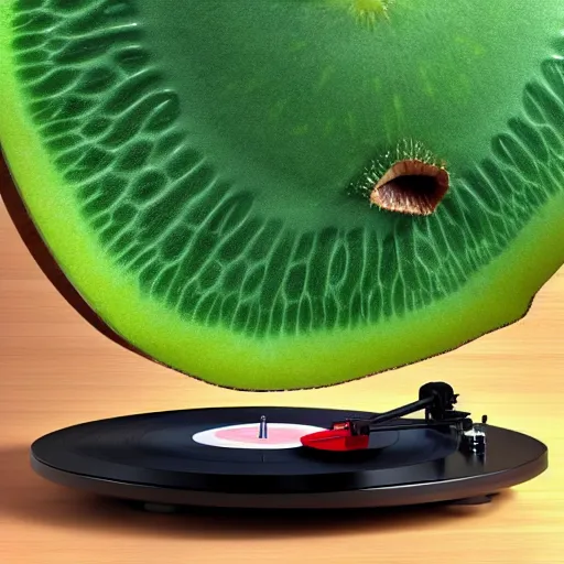 Prompt: vinyl turntable with vinyl record in shape of huge kiwi fruit, 4 k resolution, optical illusion, octane render, unreal render, hyperrealistic textures