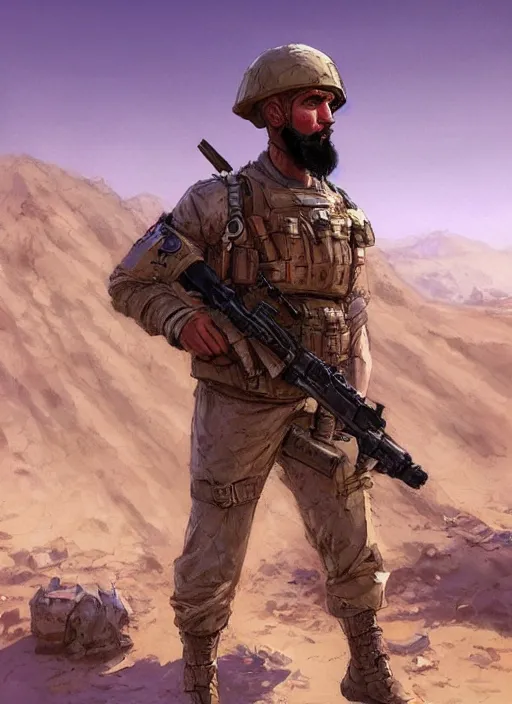 Prompt: purple lighting, detailed character portrait concept illustration, white male strong muscular mature soldier with beard and short hair in a soldier uniform, desert with city in the background, sharp focus, illustration, highly detailed, digital painting, concept art, matte, art by wlop and artgerm and greg rutkowski, masterpiece