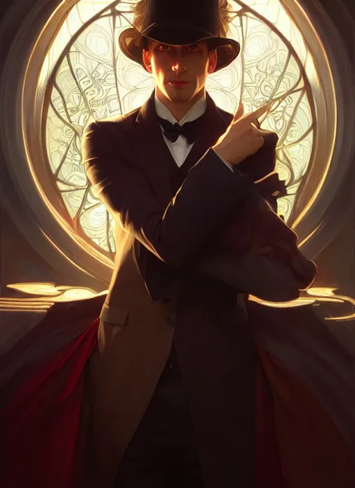 Prompt: ultra realistic illustration, handsome magician. intricate, elegant, highly detailed, digital painting, artstation, concept art, smooth, sharp focus, illustration, art by artgerm and greg rutkowski and alphonse mucha and wlop