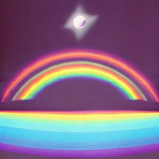 Prompt: a dark side of the moon with a rainbow, a hologram by Storm Thorgerson, tumblr, holography, 1970s, 1990s, ps1 graphics