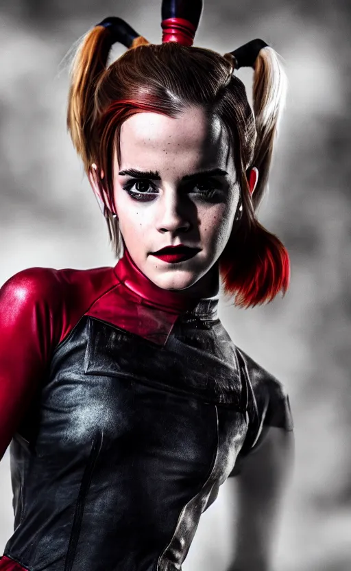 Image similar to Emma Watson as Harley Quinn, glowing, dramatic, cinematic, Sony a7R IV, symmetric balance, polarizing filter, Photolab, Lightroom, 4K, Dolby Vision, Photography Award