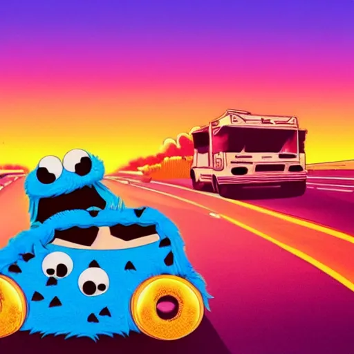 Prompt: cookie monster eating cars on a highway at sunset vaporwave