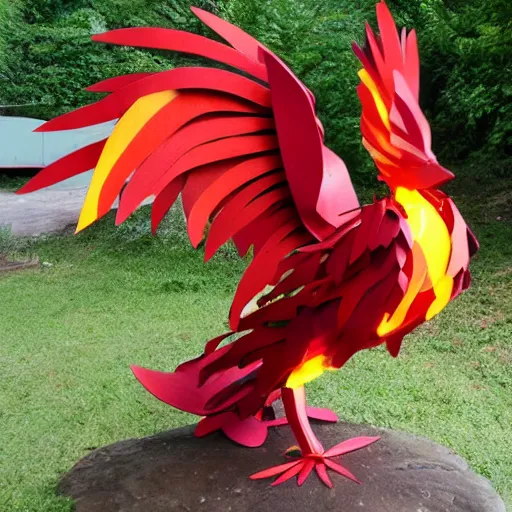 Prompt: abstract, sculpture moltres made of various materials from rainforest of face of artificial intellicgence