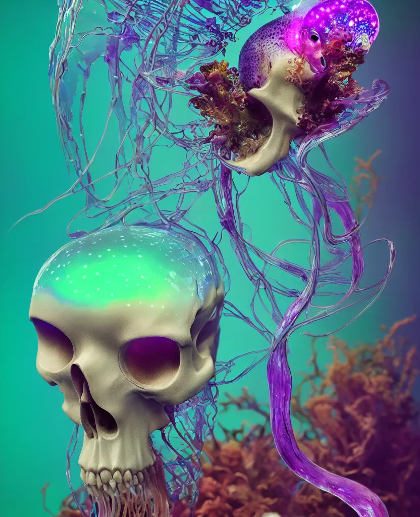 Image similar to close-up portrait of skull dichroic orchid jellyfish skull, betta fish, bioluminiscent creatures, intricate artwork by Tooth Wu and wlop and beeple. octane render, trending on artstation, greg rutkowski very coherent symmetrical artwork. cinematic, hyper realism, high detail, octane render, 8k