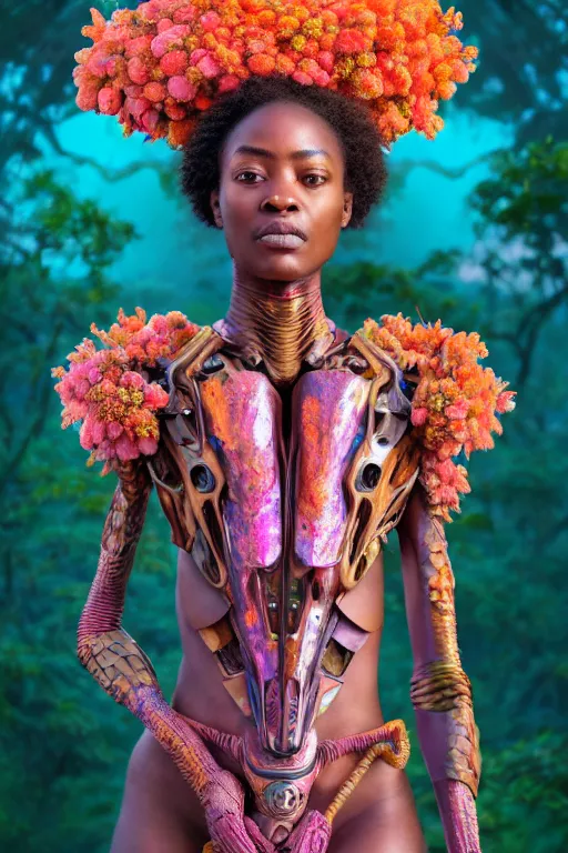 Prompt: hyperrealistic post - renaissance cinematic super expressive! yoruba goddess with exoskeleton armor, merging with tree in a forest, pink orange flowers, highly detailed digital art masterpiece, smooth cam de leon eric zener dramatic pearlescent soft teal light, ground angle hd 8 k, sharp focus